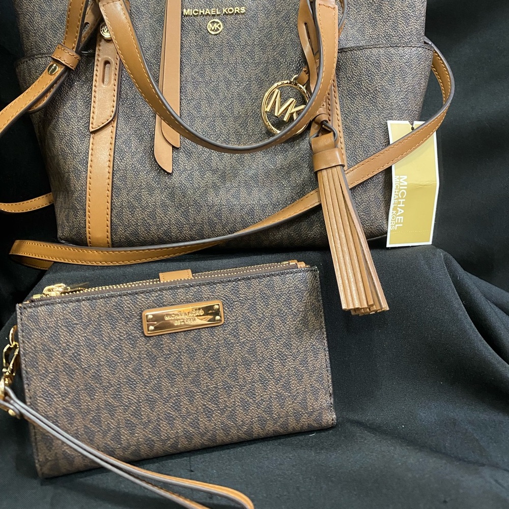 Michael Kors Brown and Tan Shoulder Bags with Monogram Print